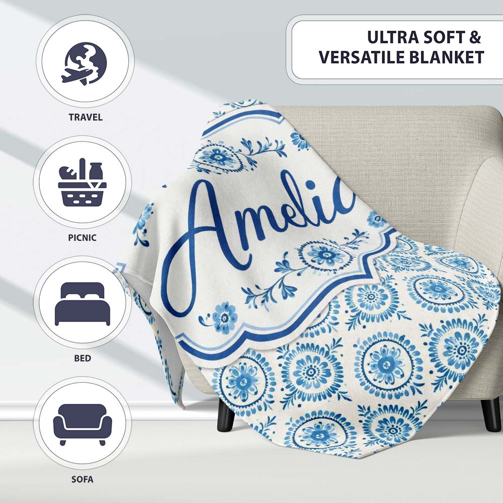 Light Blue Floral Medallion Tile Seamless Pattern Name Cute Unique Personalised Custom Name Super Soft Fleece Blanket Bed Sofa Throw