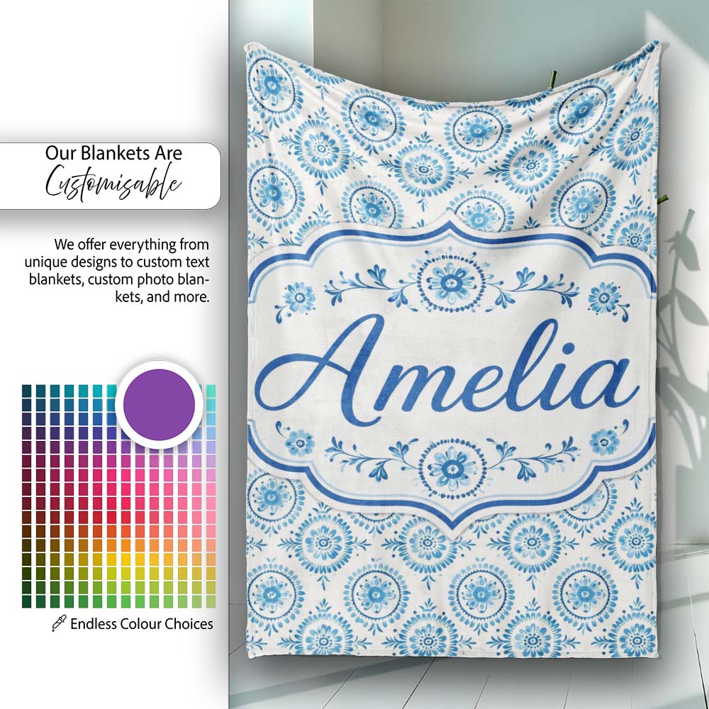 Light Blue Floral Medallion Tile Seamless Pattern Name Cute Unique Personalised Custom Name Super Soft Fleece Blanket Bed Sofa Throw