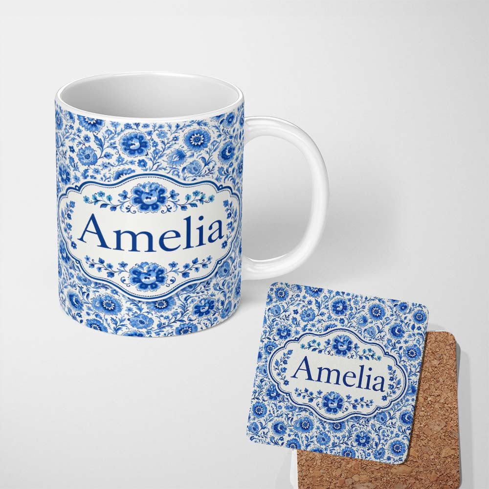 Personalized Custom Name Blue Vintage Floral Botanical Seamless Pattern Name Cute Unique Gift 11oz Ceramic Coffee Tea Mug White Large Handle