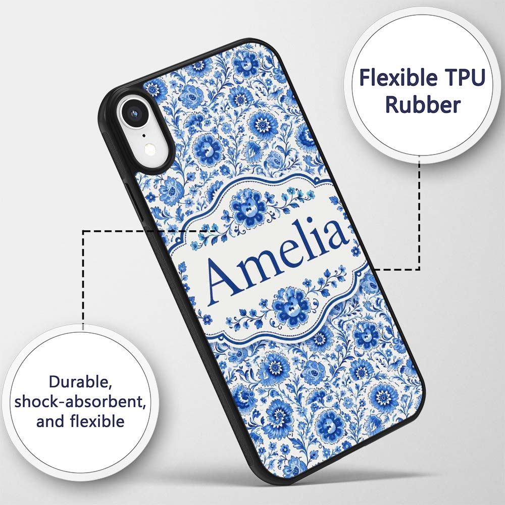 Blue Vintage Floral Botanical Seamless Pattern Custom Name Protective Phone Case Mobile Cover Durable Everyday Smartphone Shock Resistant