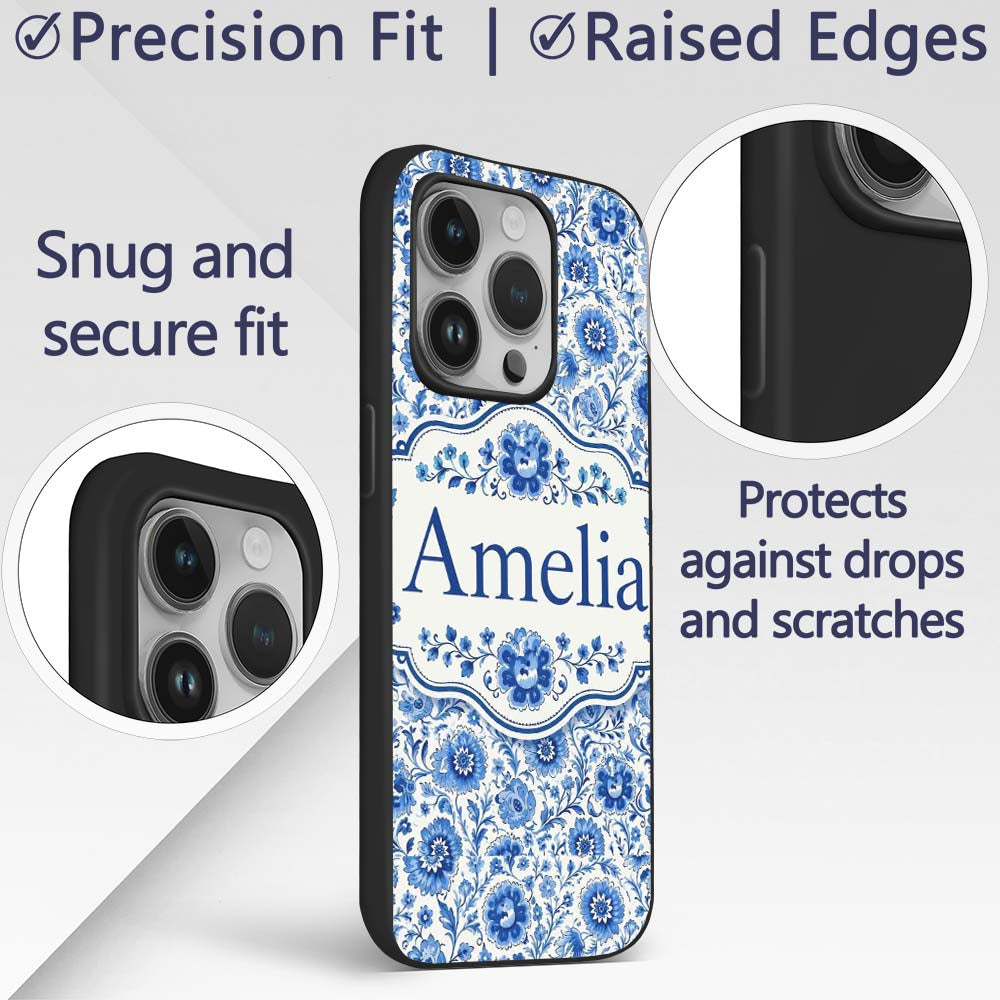 Blue Vintage Floral Botanical Seamless Pattern Custom Name Protective Phone Case Mobile Cover Durable Everyday Smartphone Shock Resistant