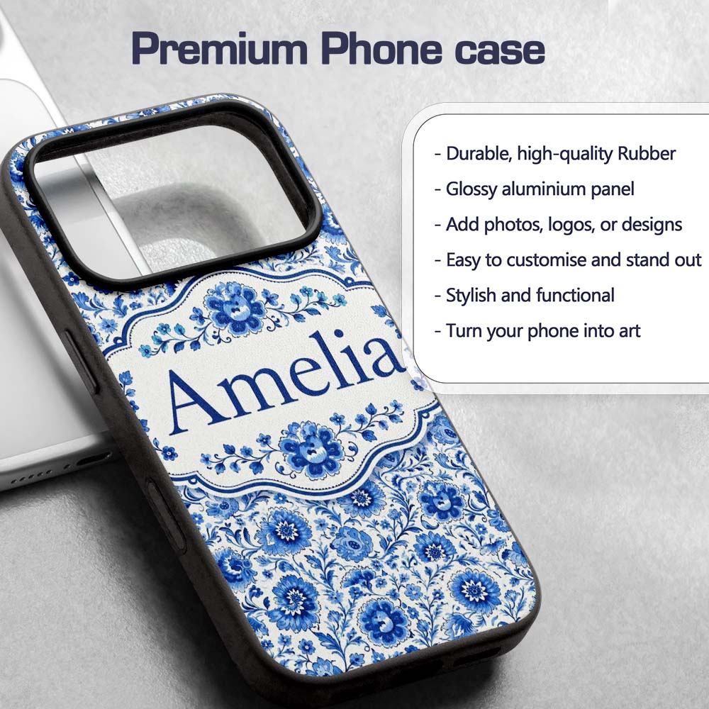 Blue Vintage Floral Botanical Seamless Pattern Custom Name Protective Phone Case Mobile Cover Durable Everyday Smartphone Shock Resistant