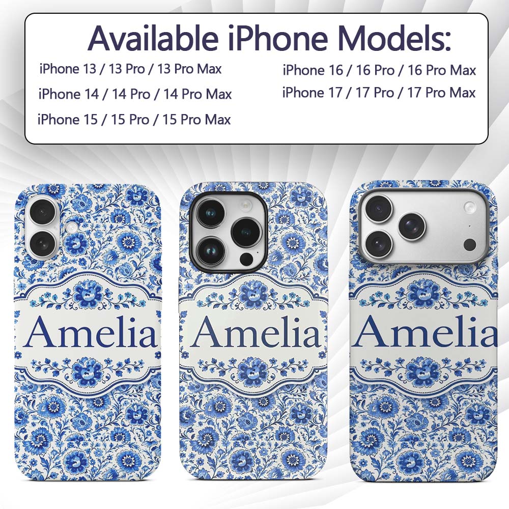 Blue Vintage Floral Botanical Seamless Pattern Custom Name Protective Phone Case Mobile Cover Durable Everyday Smartphone Shock Resistant