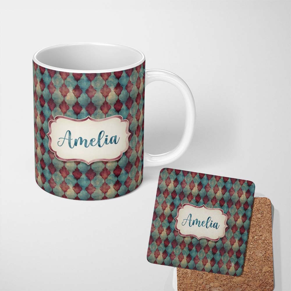 Personalized Custom Name Teal Burgundy Abstract Geometric Seamless Pattern Name Cute Unique 11oz Ceramic Coffee Tea Mug White Large Handle