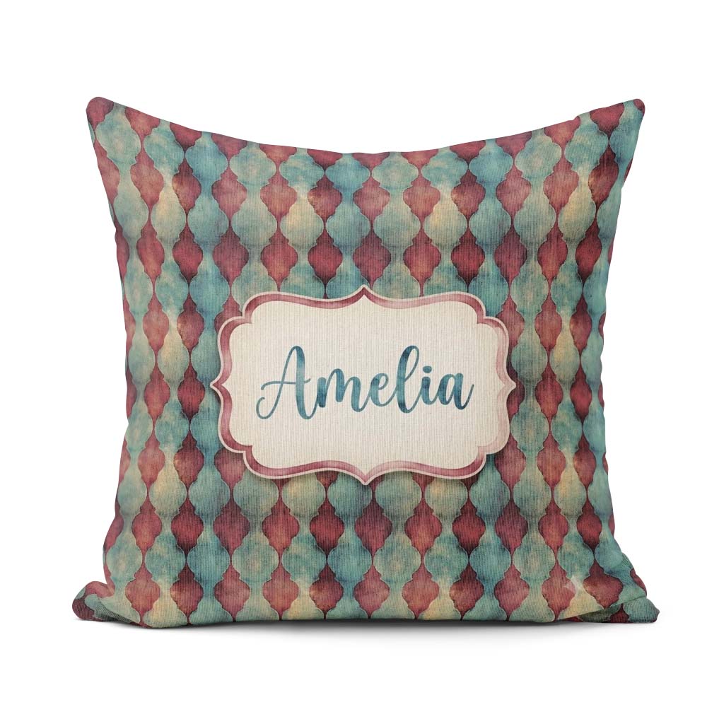 Custom Name Teal Burgundy Abstract Geometric Seamless Name Cute Square Filled Cushion Throw Pillow Sofa Bed Home Decor Zip Washable UK Made
