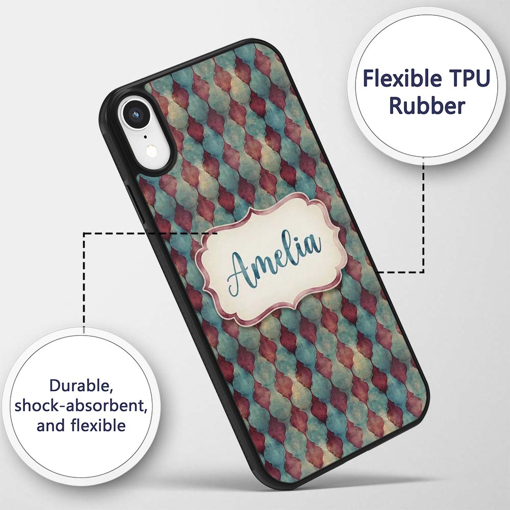 Teal Burgundy Abstract Geometric Seamless Pattern Custom Name Protective Phone Case Mobile Cover Durable Everyday Smartphone Shock Resistant