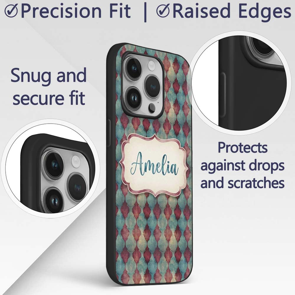 Teal Burgundy Abstract Geometric Seamless Pattern Custom Name Protective Phone Case Mobile Cover Durable Everyday Smartphone Shock Resistant