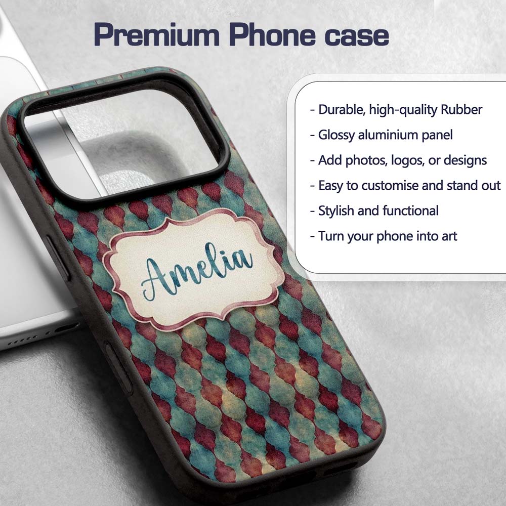 Teal Burgundy Abstract Geometric Seamless Pattern Custom Name Protective Phone Case Mobile Cover Durable Everyday Smartphone Shock Resistant