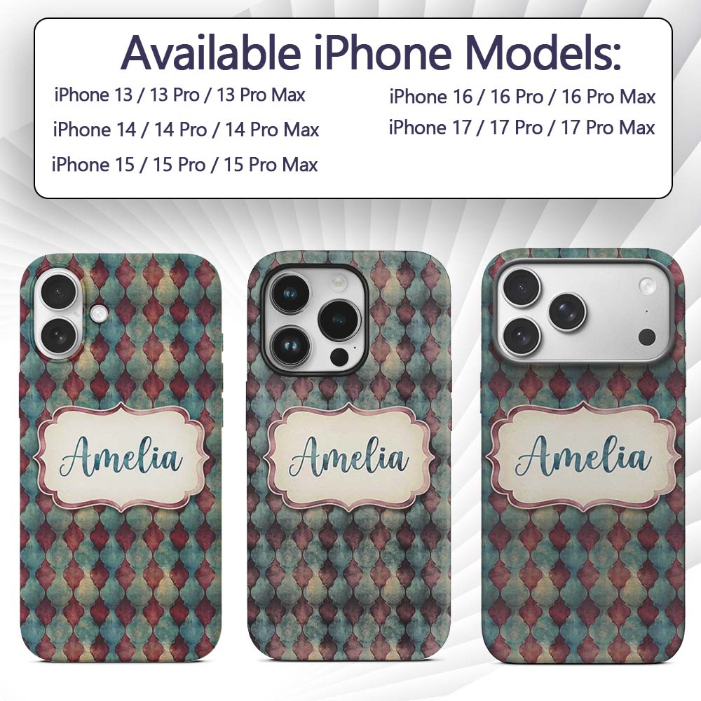 Teal Burgundy Abstract Geometric Seamless Pattern Custom Name Protective Phone Case Mobile Cover Durable Everyday Smartphone Shock Resistant
