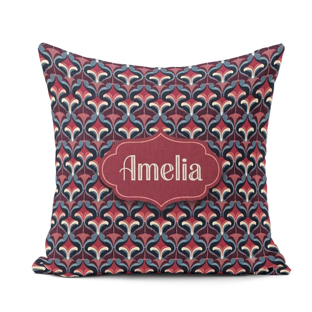 Custom Name Red Blue Art Deco Geometric Seamless Pattern Name Square Filled Cushion Throw Pillow Sofa Bed Home Decor Zip Washable UK Made