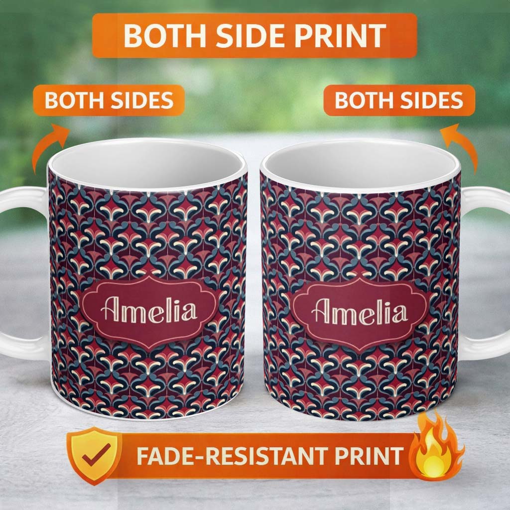 Personalized Custom Name Red Blue Art Deco Geometric Seamless Pattern Name Cute Unique Gift 11oz Ceramic Coffee Tea Mug White Large Handle