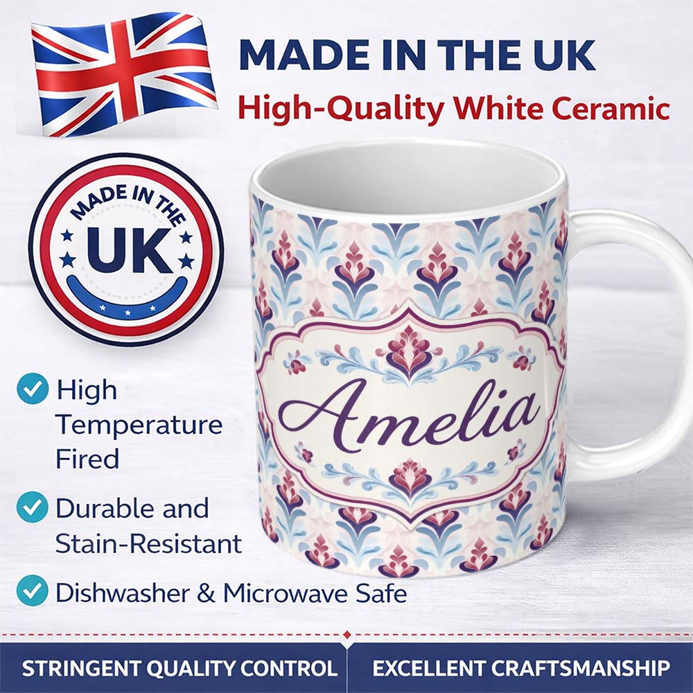 Personalized Custom Name Soft Pastel Floral Leaf Repeat Seamless Pattern Name Cute Unique 11oz Ceramic Coffee Tea Mug White Large Handle