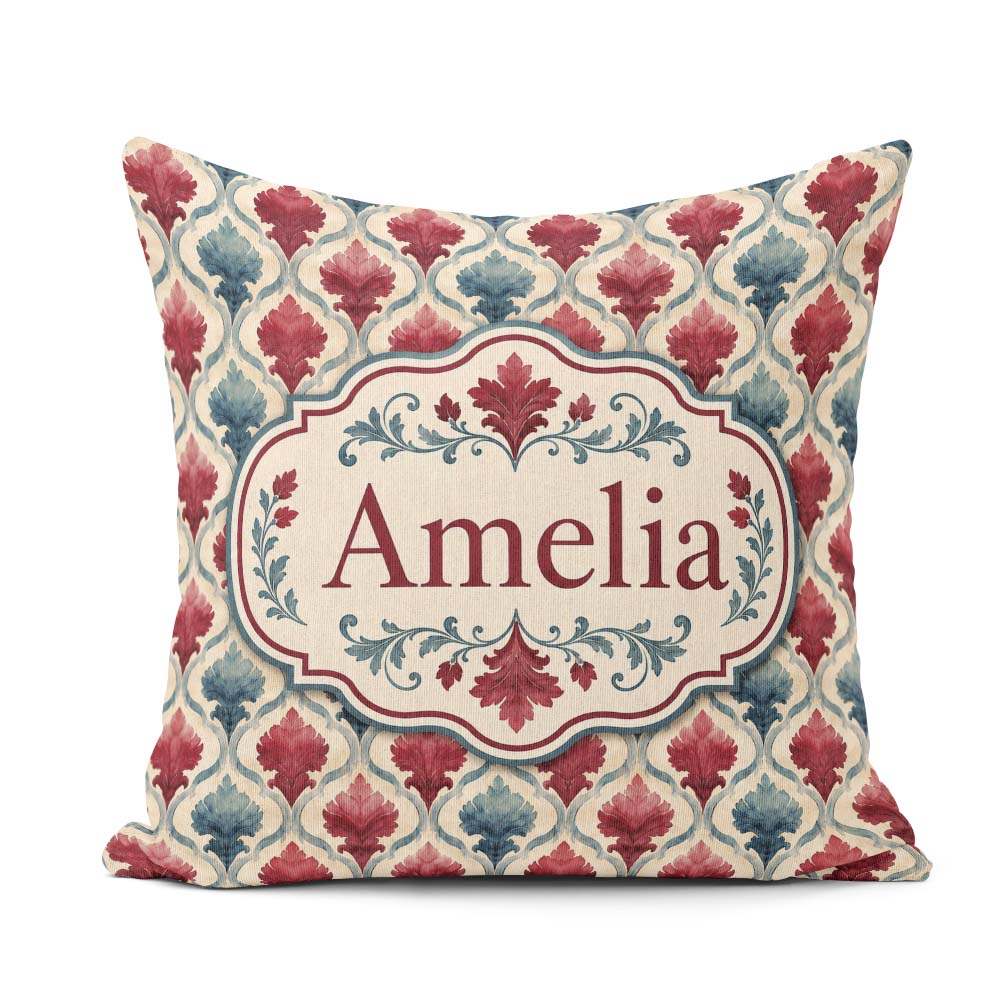 Custom Name Red Blue Watercolor Leaf Tile Seamless Pattern Name Square Filled Cushion Throw Pillow Sofa Bed Home Decor Zip Washable UK Made