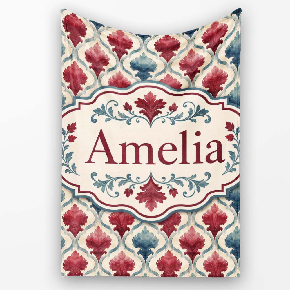 Red Blue Watercolor Leaf Tile Seamless Pattern Name Cute Unique Gift Personalised Custom Name Super Soft Fleece Blanket Bed Sofa Throw