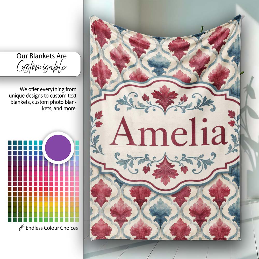 Red Blue Watercolor Leaf Tile Seamless Pattern Name Cute Unique Gift Personalised Custom Name Super Soft Fleece Blanket Bed Sofa Throw