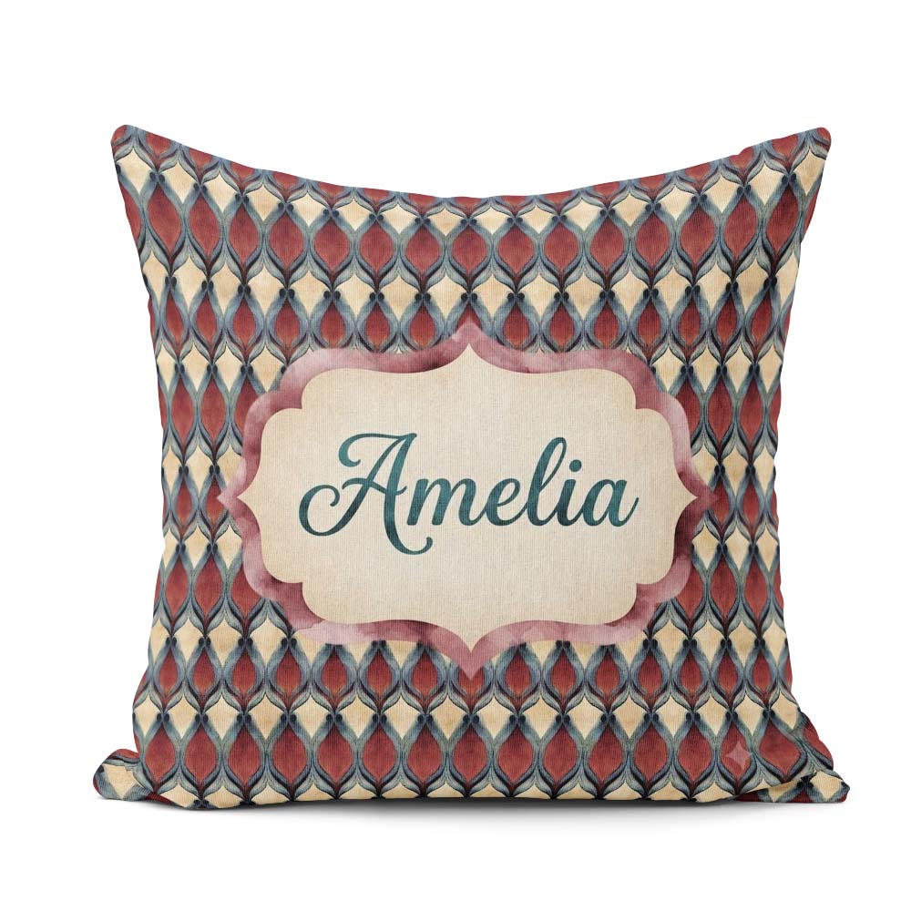Custom Name Red Blue Diamond Ikat Style Seamless Pattern Name Square Filled Cushion Throw Pillow Sofa Bed Home Decor Zip Washable UK Made