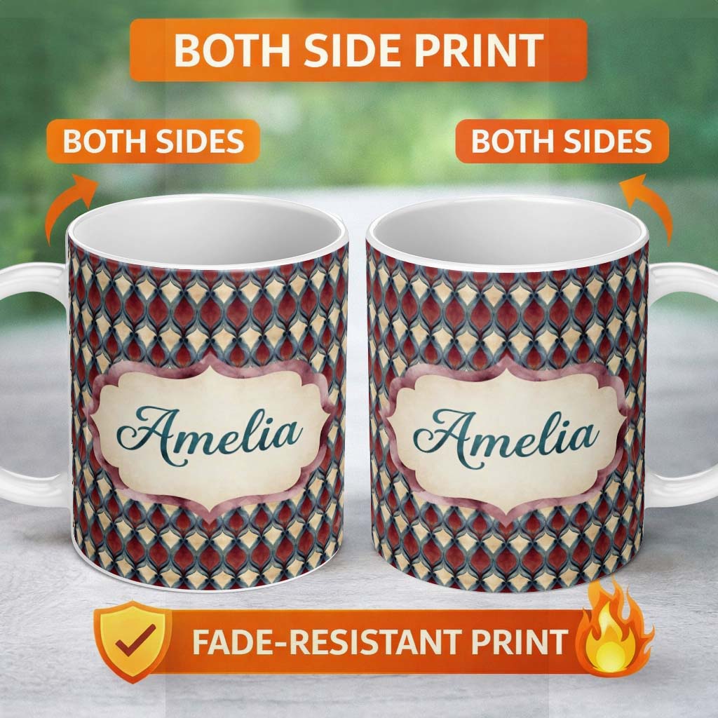 Personalized Custom Name Red Blue Diamond Ikat Style Seamless Pattern Name Cute Unique Gift 11oz Ceramic Coffee Tea Mug White Large Handle