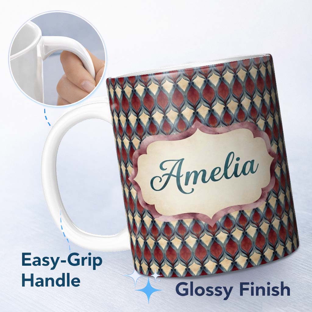 Personalized Custom Name Red Blue Diamond Ikat Style Seamless Pattern Name Cute Unique Gift 11oz Ceramic Coffee Tea Mug White Large Handle
