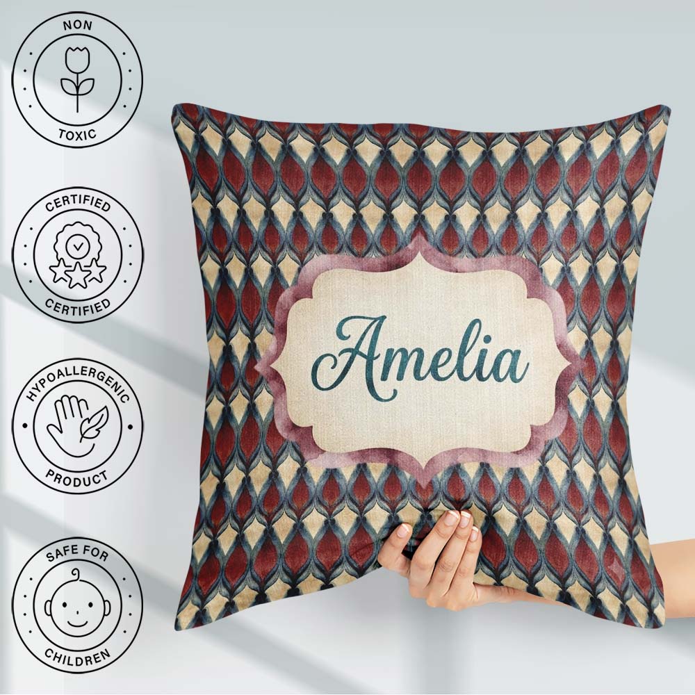 Custom Name Red Blue Diamond Ikat Style Seamless Pattern Name Square Filled Cushion Throw Pillow Sofa Bed Home Decor Zip Washable UK Made
