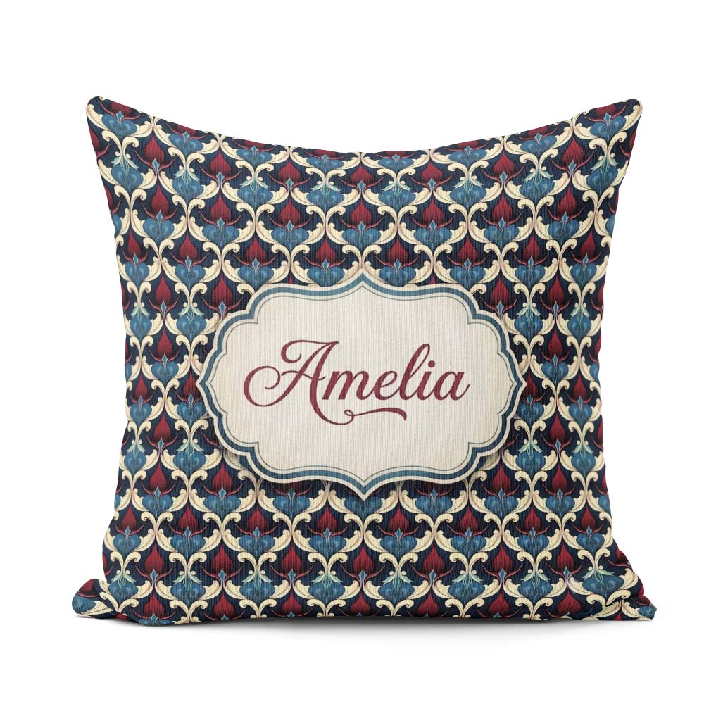 Custom Name Ornate Red Blue Damask Floral Seamless Pattern Name Square Filled Cushion Throw Pillow Sofa Bed Home Decor Zip Washable UK Made