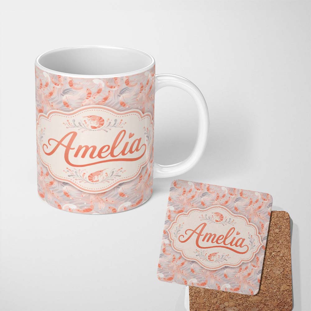 Personalized Custom Name Soft Pastel Shrimp Swirl with Abstract Waves Seamless Pattern Lovely 11oz Ceramic Coffee Tea Mug White Large Handle