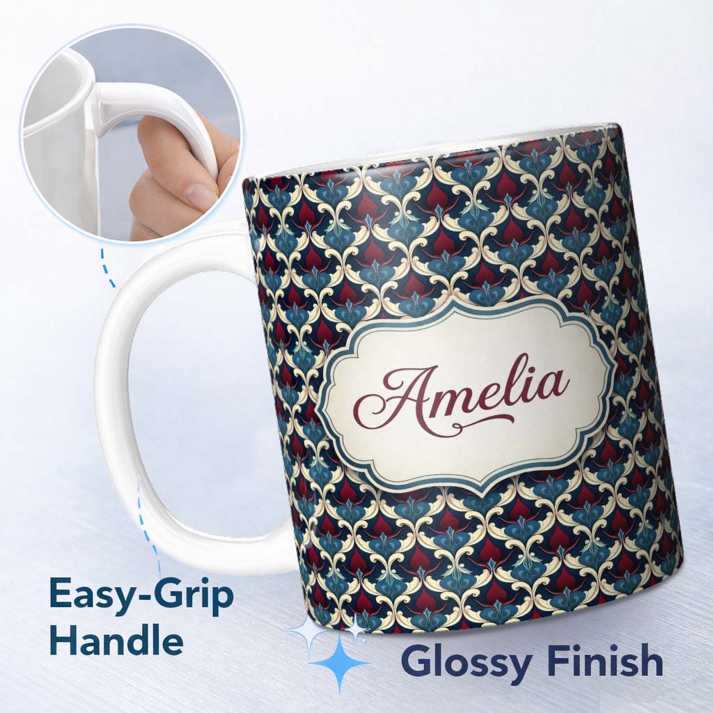 Personalized Custom Name Ornate Red Blue Damask Floral Seamless Pattern Name Cute Unique Gift 11oz Ceramic Coffee Tea Mug White Large Handle