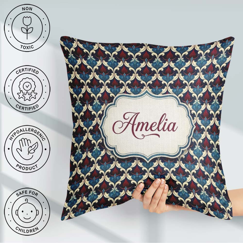 Custom Name Ornate Red Blue Damask Floral Seamless Pattern Name Square Filled Cushion Throw Pillow Sofa Bed Home Decor Zip Washable UK Made