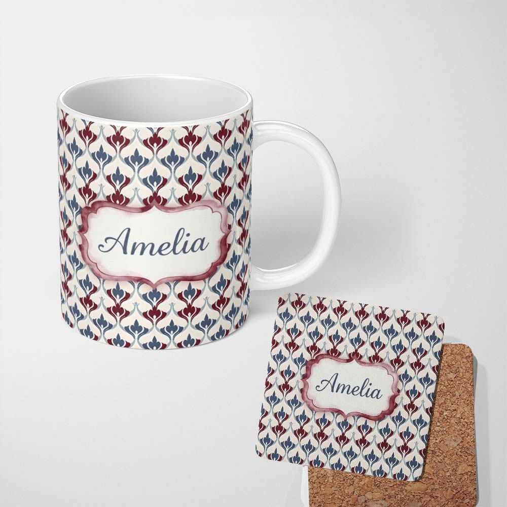 Personalized Custom Name Minimal Red Blue Folk Motif Seamless Pattern Name Cute Unique Gift 11oz Ceramic Coffee Tea Mug White Large Handle