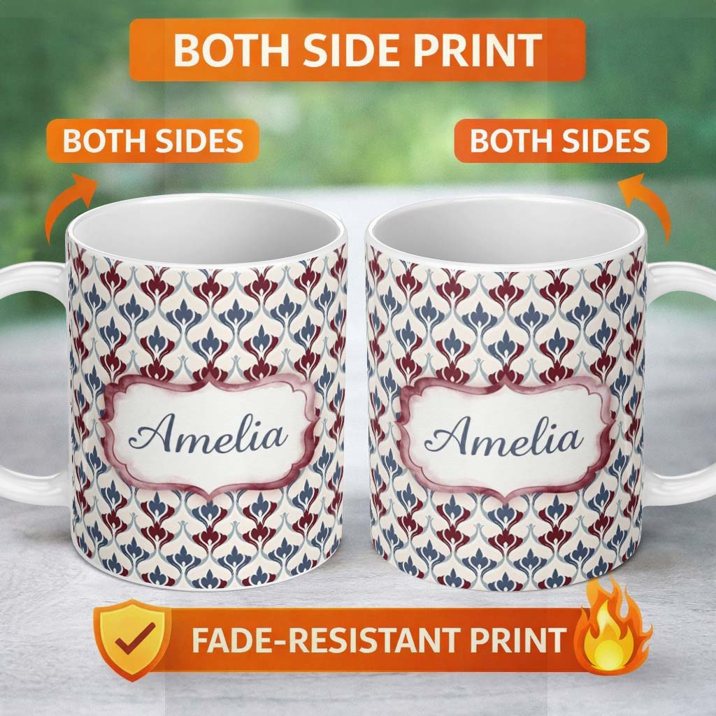 Personalized Custom Name Minimal Red Blue Folk Motif Seamless Pattern Name Cute Unique Gift 11oz Ceramic Coffee Tea Mug White Large Handle
