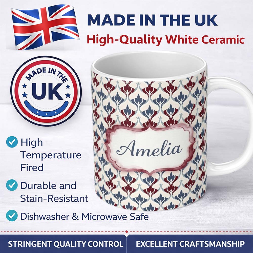 Personalized Custom Name Minimal Red Blue Folk Motif Seamless Pattern Name Cute Unique Gift 11oz Ceramic Coffee Tea Mug White Large Handle