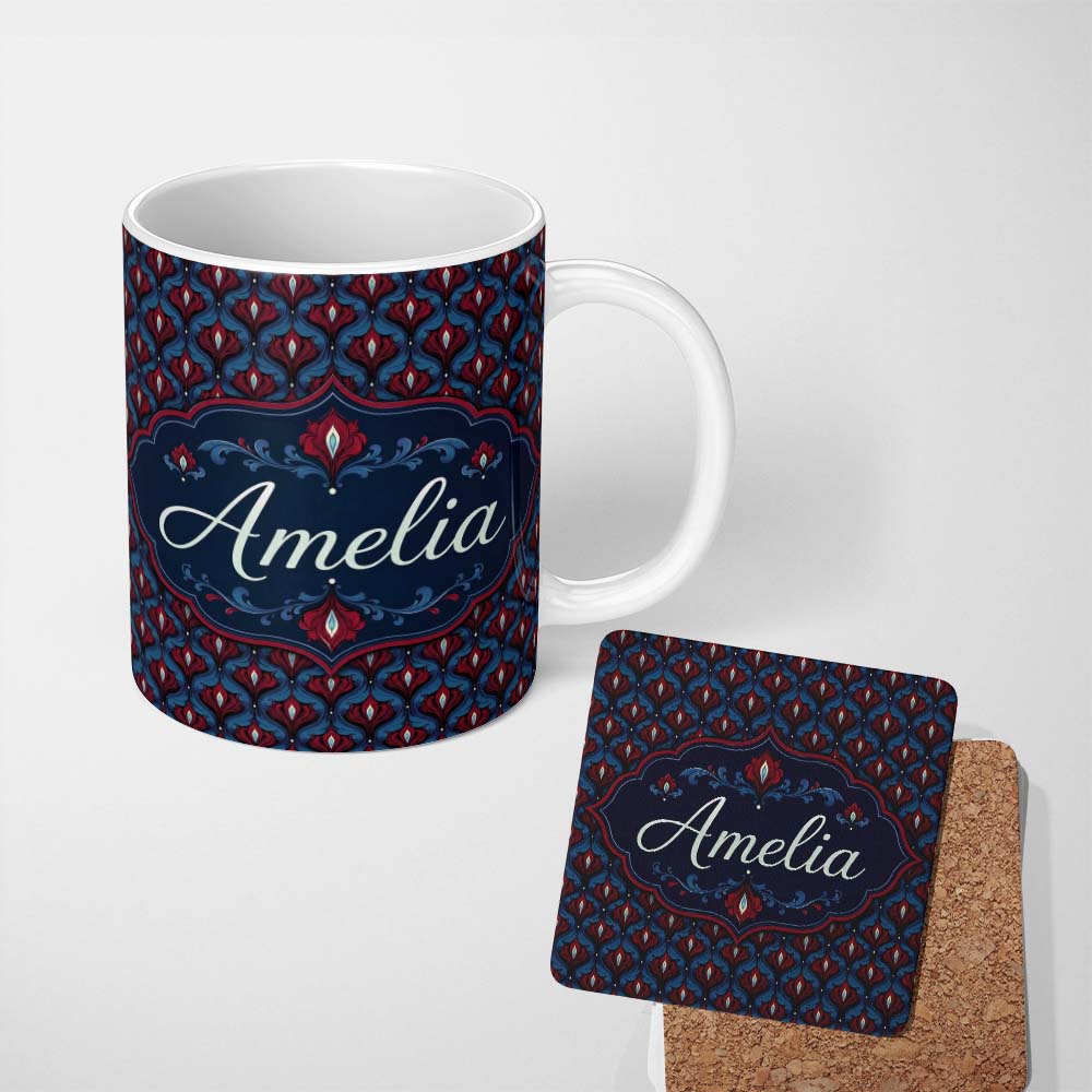 Personalized Custom Name Dark Red Blue Ornate Floral Damask Seamless Pattern Name Cute 11oz Ceramic Coffee Tea Mug White Large Handle