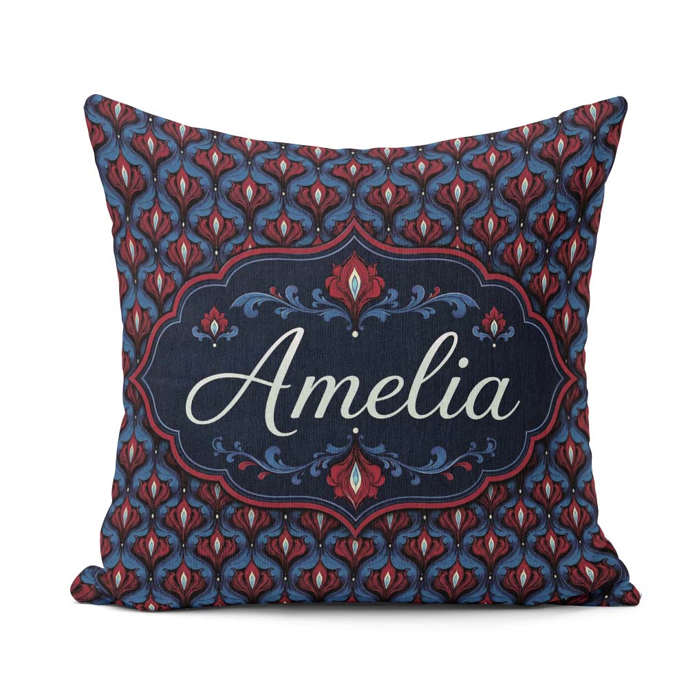 Custom Name Dark Red Blue Ornate Floral Damask Pattern Name Cute Square Filled Cushion Throw Pillow Sofa Bed Home Decor Zip Washable UK Made