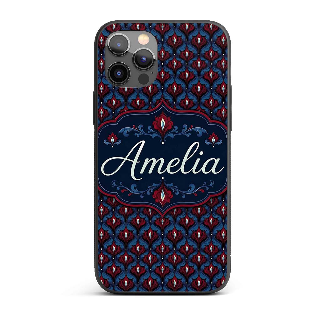 Dark Red Blue Ornate Floral Damask Printed Design Custom Name Protective Phone Case Mobile Cover Durable Everyday Smartphone Shock Resistant