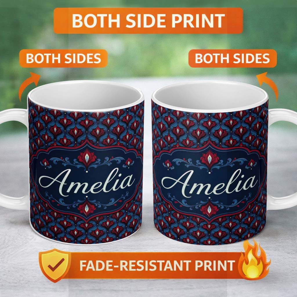 Personalized Custom Name Dark Red Blue Ornate Floral Damask Seamless Pattern Name Cute 11oz Ceramic Coffee Tea Mug White Large Handle