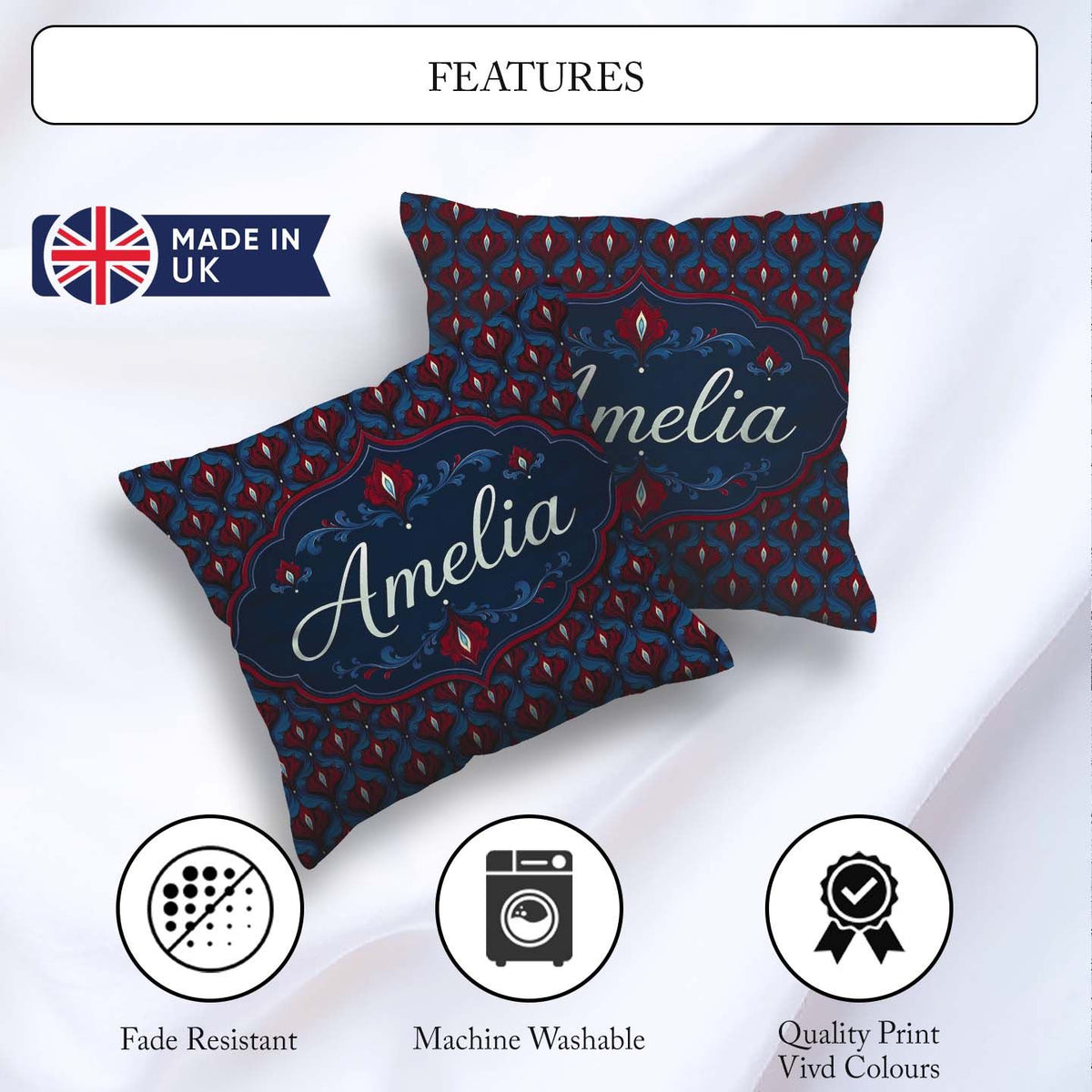 Custom Name Dark Red Blue Ornate Floral Damask Pattern Name Cute Square Filled Cushion Throw Pillow Sofa Bed Home Decor Zip Washable UK Made
