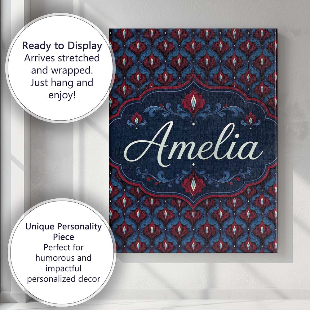 Personalised Name Dark Red Blue Ornate Custom Modern Room Accent Elegant Feature Canvas Wall Art Print Decor Picture Ready to Hang