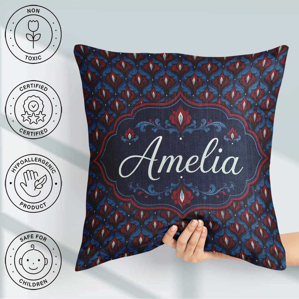 Custom Name Dark Red Blue Ornate Floral Damask Pattern Name Cute Square Filled Cushion Throw Pillow Sofa Bed Home Decor Zip Washable UK Made