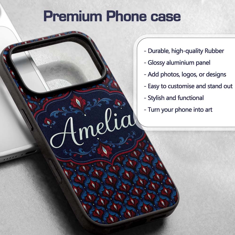Dark Red Blue Ornate Floral Damask Printed Design Custom Name Protective Phone Case Mobile Cover Durable Everyday Smartphone Shock Resistant