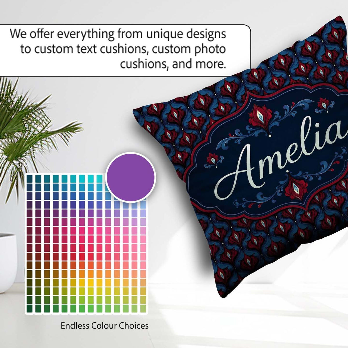 Custom Name Dark Red Blue Ornate Floral Damask Pattern Name Cute Square Filled Cushion Throw Pillow Sofa Bed Home Decor Zip Washable UK Made