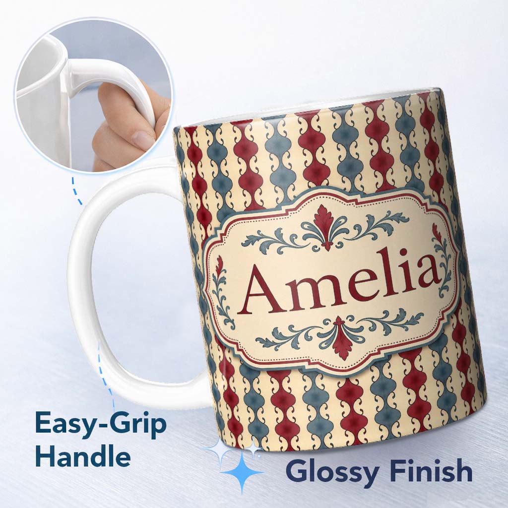 Personalized Custom Name Vintage Red Blue Vertical Wave Motif Seamless Pattern Name Cute 11oz Ceramic Coffee Tea Mug White Large Handle