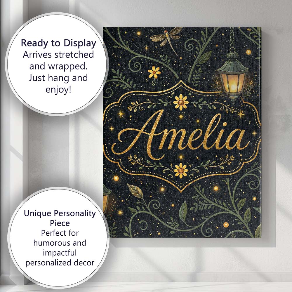 Personalised Name Celestial Lantern Botanical Firefly Night Seamless Custom Home Canvas Wall Art Print Decor Picture Ready to Hang