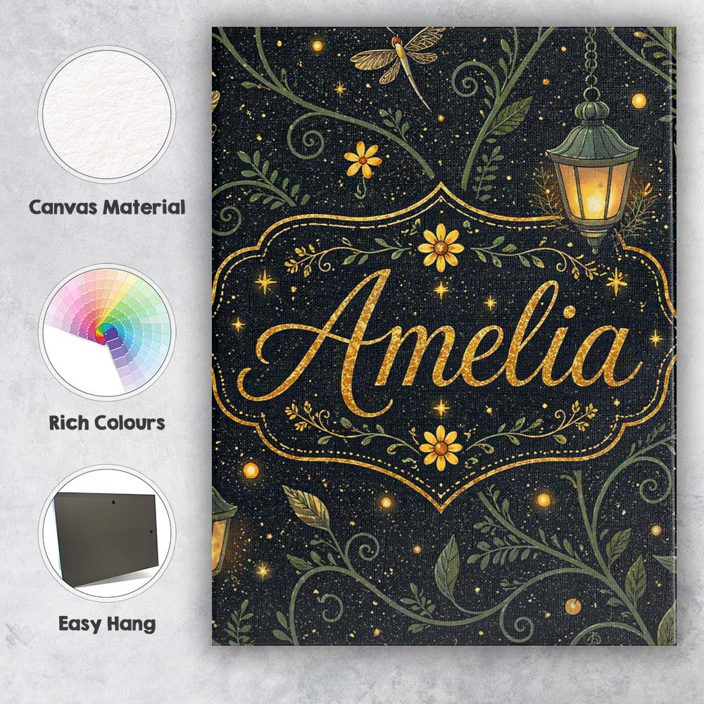 Personalised Name Celestial Lantern Botanical Firefly Night Seamless Custom Home Canvas Wall Art Print Decor Picture Ready to Hang