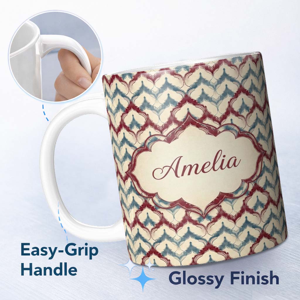 Personalized Custom Name Soft Watercolor Abstract Trellis Seamless Pattern Name Cute Unique 11oz Ceramic Coffee Tea Mug White Large Handle
