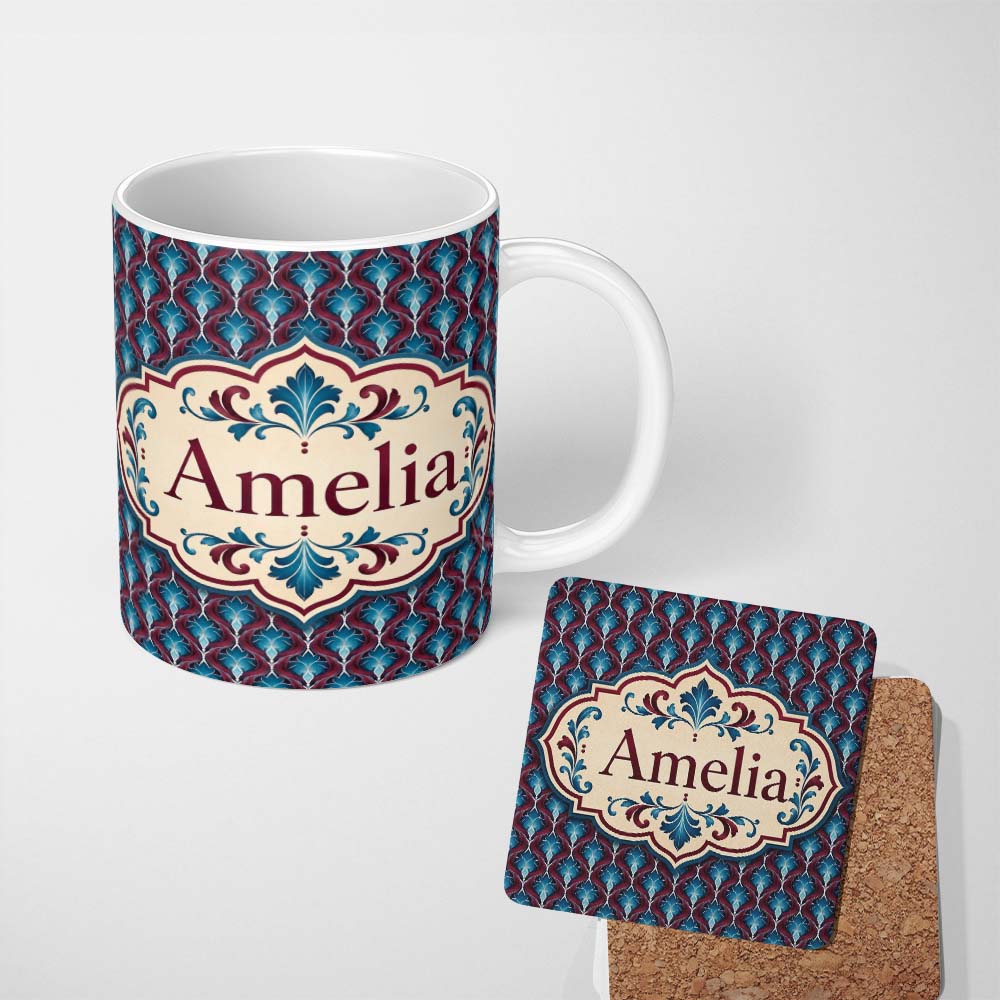 Personalized Custom Name Elegant Red Blue Diamond Floral Seamless Pattern Name Cute Unique 11oz Ceramic Coffee Tea Mug White Large Handle