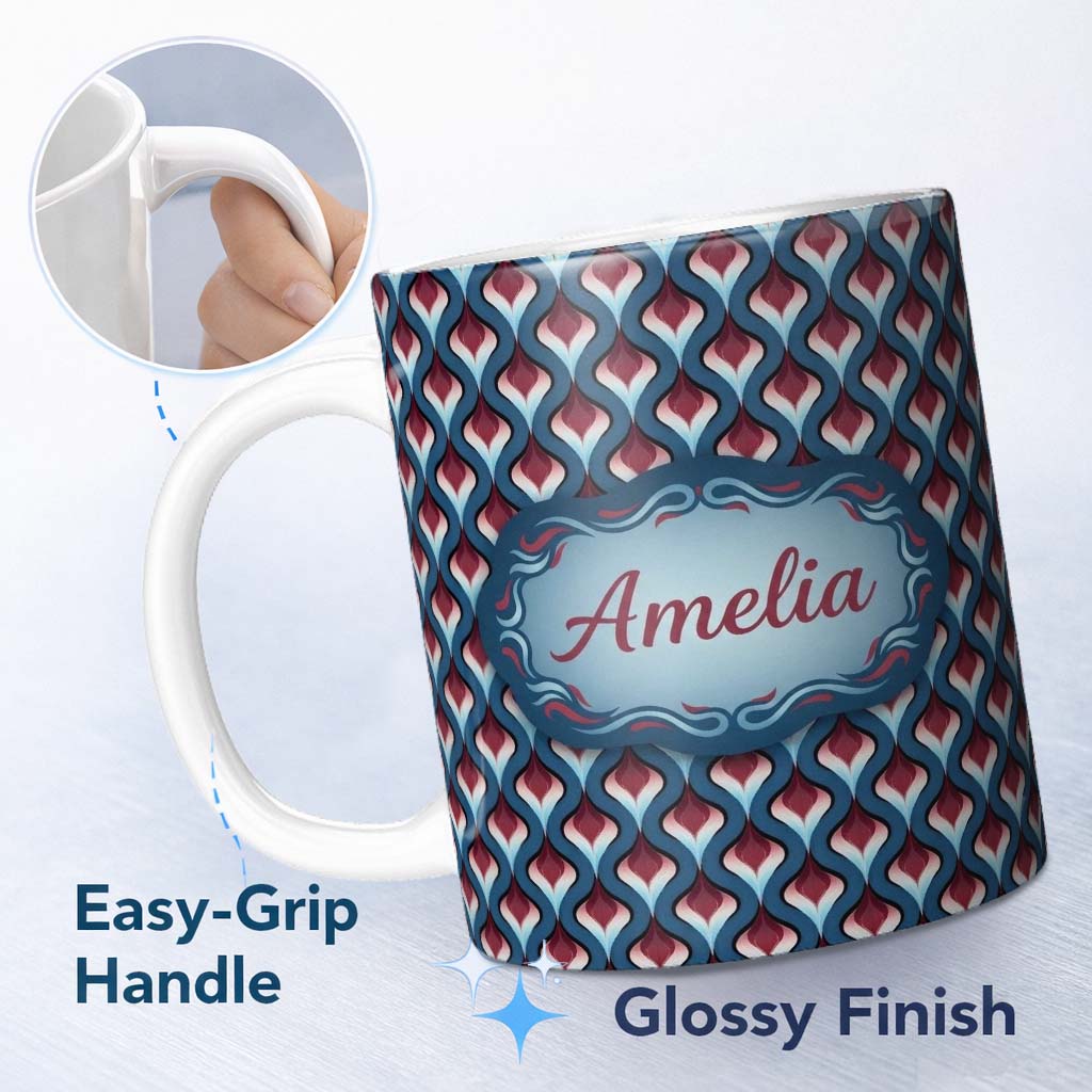 Personalized Custom Name Red Blue Gradient Wave Seamless Pattern Name Cute Unique Gift Lovely 11oz Ceramic Coffee Tea Mug White Large Handle