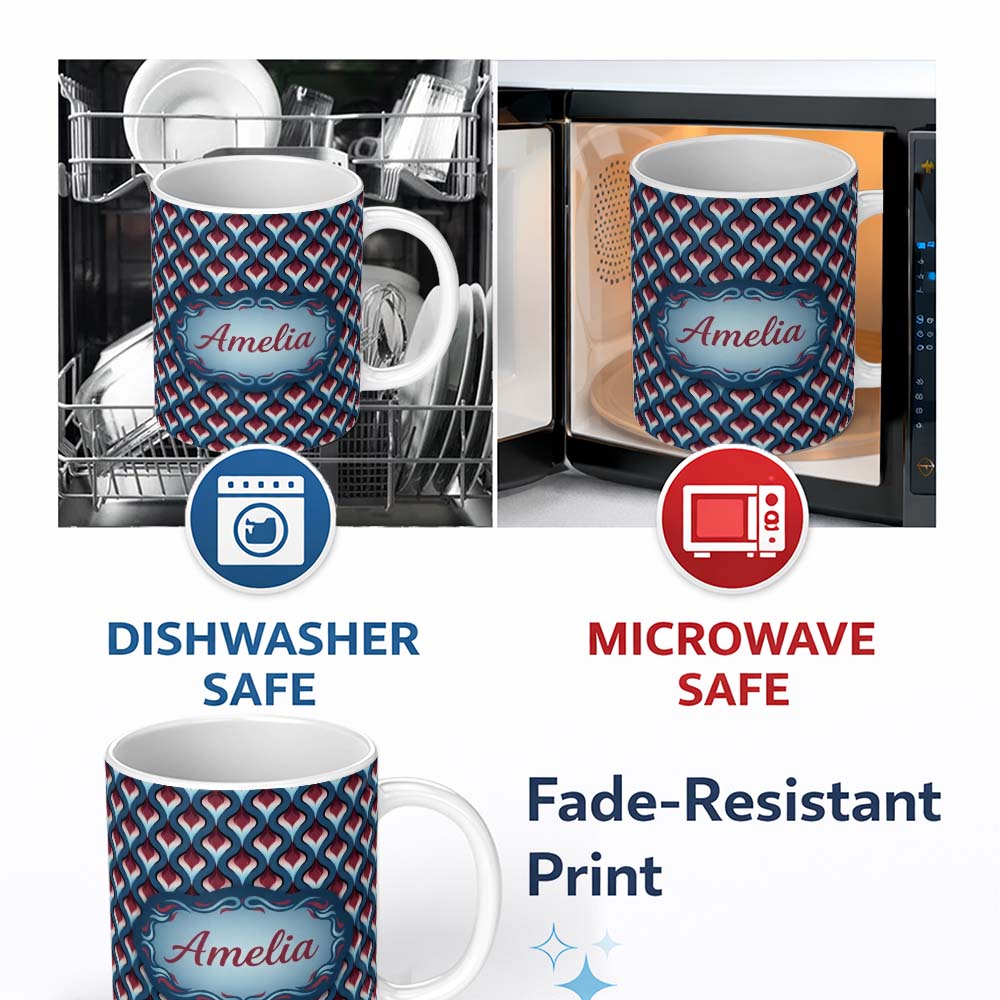 Personalized Custom Name Red Blue Gradient Wave Seamless Pattern Name Cute Unique Gift Lovely 11oz Ceramic Coffee Tea Mug White Large Handle