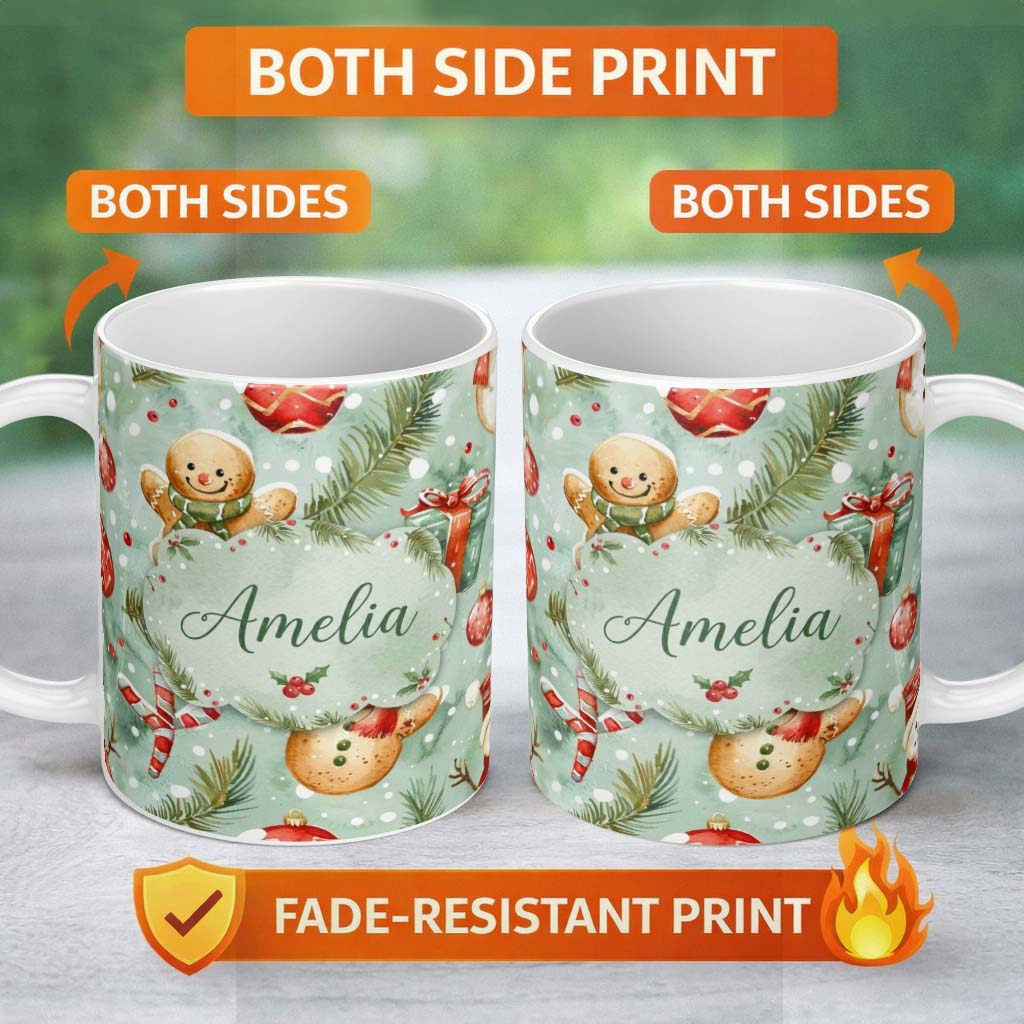 Personalized Custom Name Cute Gingerbread Snowman Candy Cane Gift Holiday Seamless Pattern 11oz Ceramic Coffee Tea Mug White Large Handle