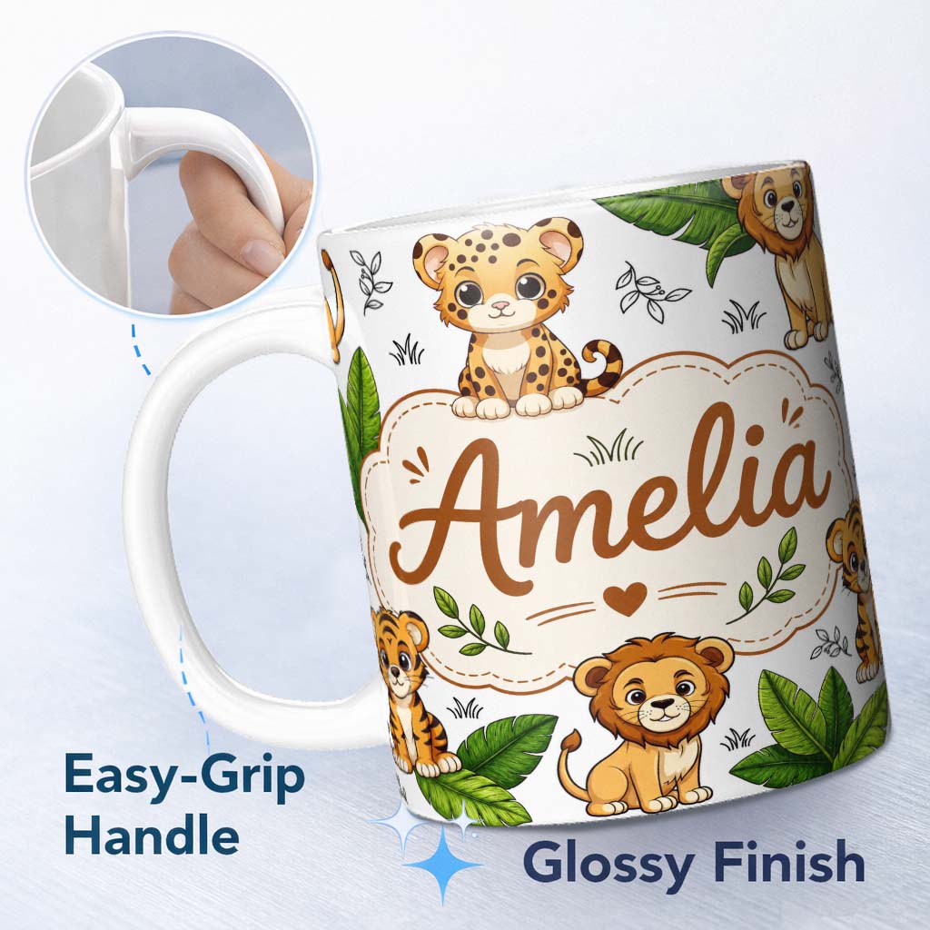 Personalized Custom Name Cute Jungle Animals Lion Tiger Leopard Tropical Leaves Light Grey 11oz Ceramic Coffee Tea Mug White Large Handle