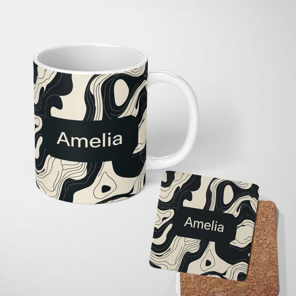 Personalized Custom Name Layered Terrain Waves Black Grey Abstract Landscape Pattern Lovely 11oz Ceramic Coffee Tea Mug White Large Handle