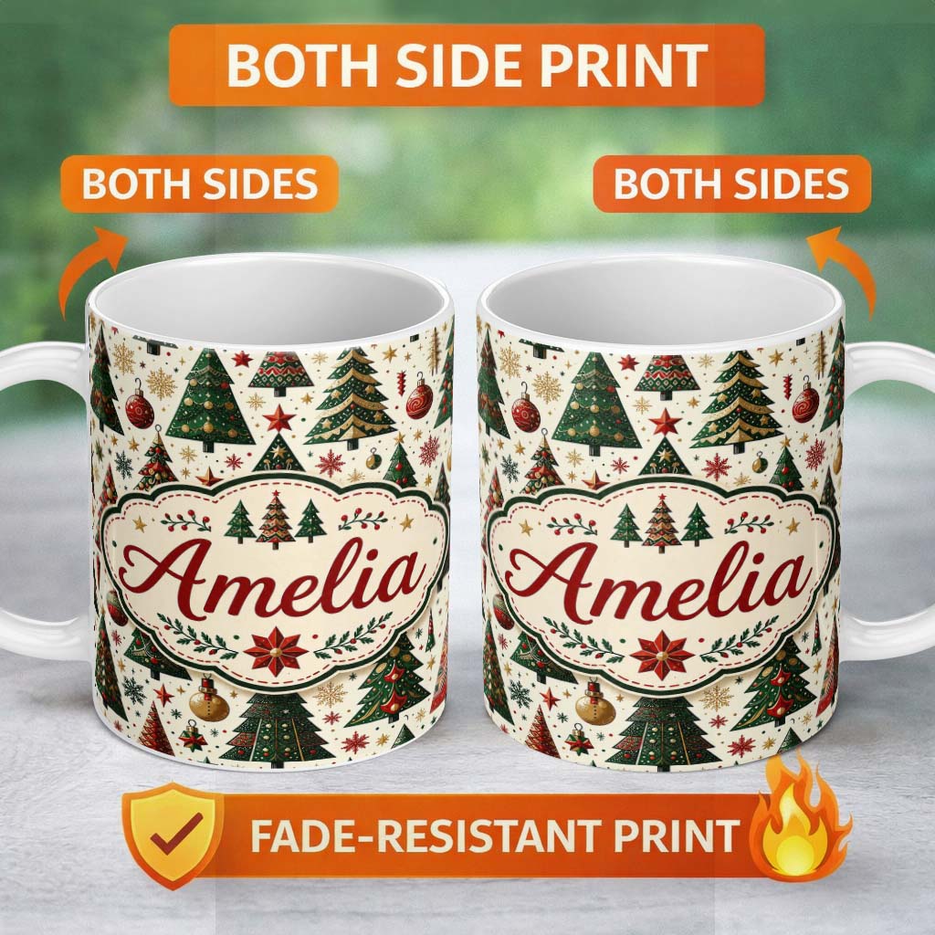 Personalized Custom Name Classic Christmas Trees Ornaments Snowflakes Festive Holiday Lovely 11oz Ceramic Coffee Tea Mug White Large Handle